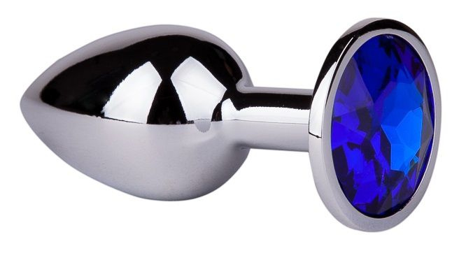 Серебристая анальная втулка с синим кристаллом - 7 см. купить в секс шопе