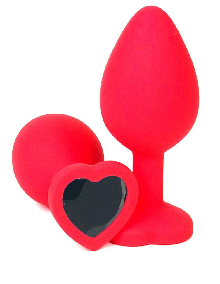 Красная силиконовая анальная пробка с черным стразом-сердцем - 8,5 см. купить в секс шопе