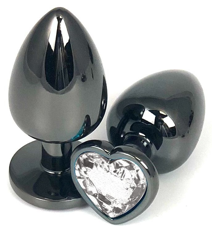 Черная металлическая анальная пробка с прозрачным стразом-сердечком - 6,5 см. купить в секс шопе