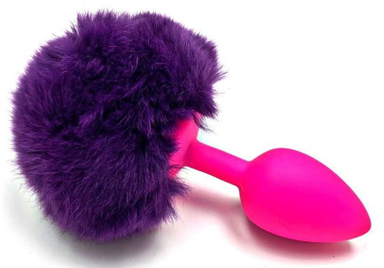 Розовая анальная втулка с пушистым фиолетовым хвостиком зайки купить в секс шопе
