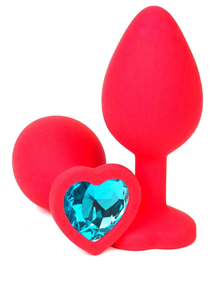 Красная силиконовая анальная пробка с голубым стразом-сердцем - 8,5 см. купить в секс шопе