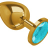 Золотистая большая анальная пробка с голубым кристаллом - 9,5 см. купить в секс шопе