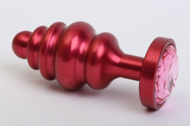 Красная ребристая анальная пробка с розовым стразом - 7,3 см. купить в секс шопе