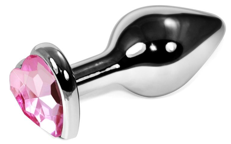 Серебристая анальная пробка с нежно-розовым кристаллом-сердечком - 8 см. купить в секс шопе