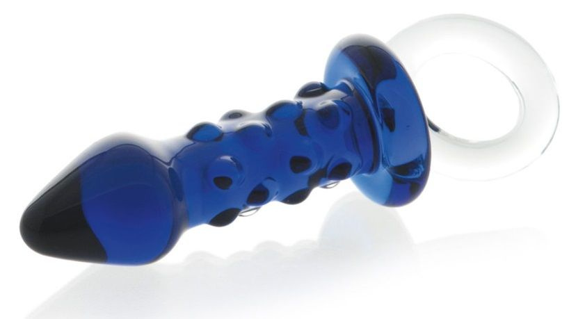 Синяя стеклянная анальная втулка с ручкой-кольцом - 10,5 см. купить в секс шопе