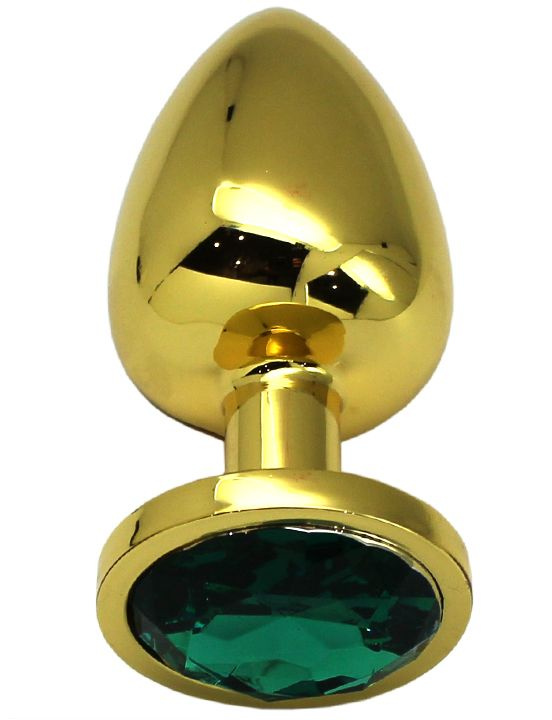 Золотистая анальная втулка с изумрудным кристаллом - 9,5 см. купить в секс шопе