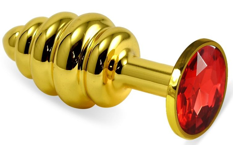 Золотистая ребристая анальная пробка с красным кристаллом - 8 см.  купить в секс шопе