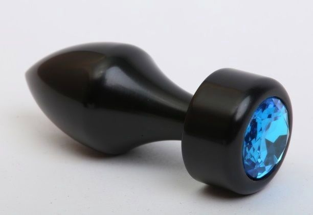 Чёрная анальная пробка с широким основанием и голубым кристаллом - 7,8 см. купить в секс шопе