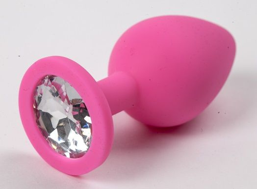 Розовая силиконовая анальная пробка с прозрачным стразом - 8,2 см. купить в секс шопе