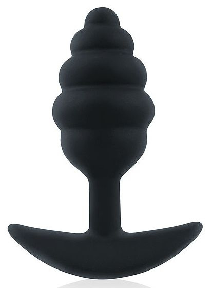 Черная ребристая анальная втулка с ограничителем - 9 см. купить в секс шопе