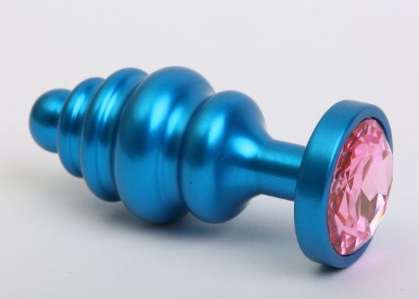 Синяя ребристая анальная пробка с розовым кристаллом - 7,3 см. купить в секс шопе