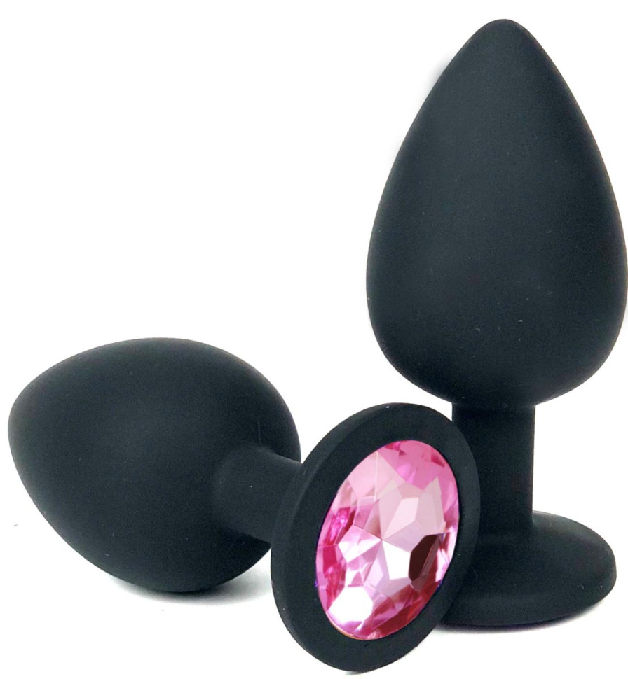 Черная силиконовая анальная пробка с нежно-розовым стразом - 6,8 см.  купить в секс шопе