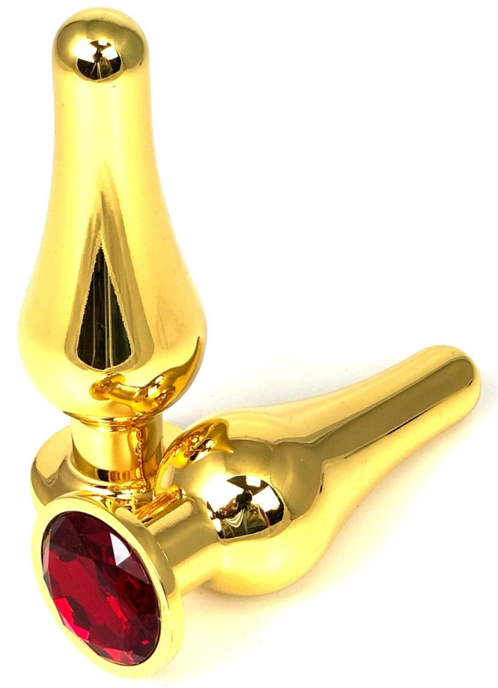 Золотистая удлиненная анальная пробка с красным кристаллом - 8 см. купить в секс шопе