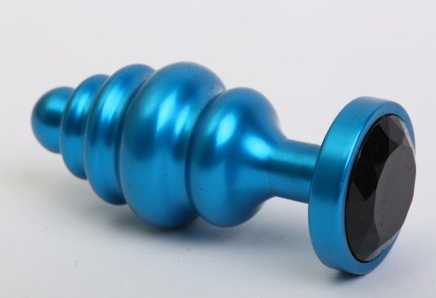 Синяя ребристая анальная пробка с чёрным кристаллом - 7,3 см. купить в секс шопе