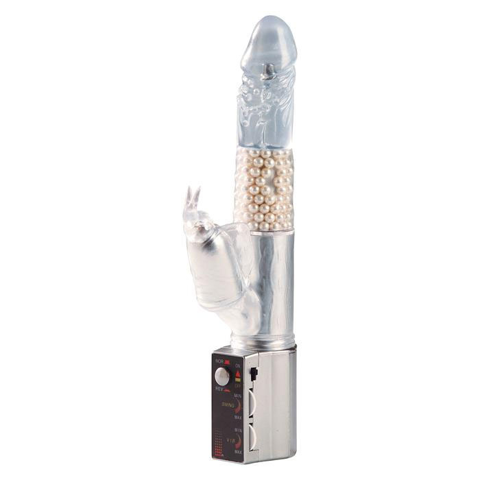 Прозрачный вибромассажер  Диско Кролик  с шариками и клиторальным стимулятором купить в секс шопе