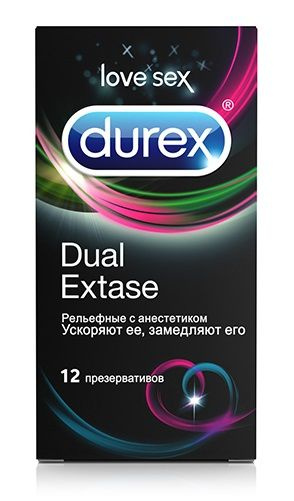 Рельефные презервативы с анестетиком Durex Dual Extase - 12 шт. купить в секс шопе