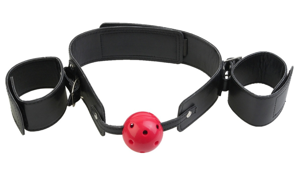 Кляп-наручники с красным шариком Breathable Ball Gag Restraint купить в секс шопе