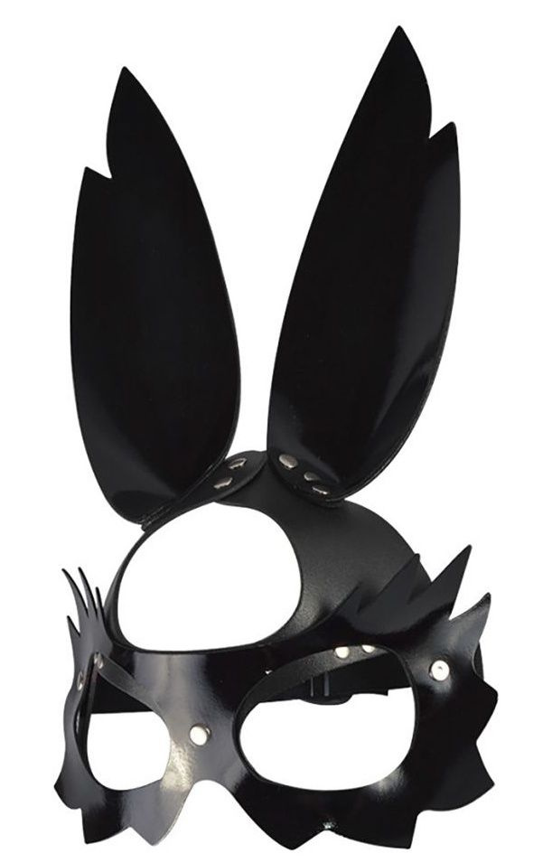 Черная лаковая кожаная маска  Зайка  с длинными ушками купить в секс шопе