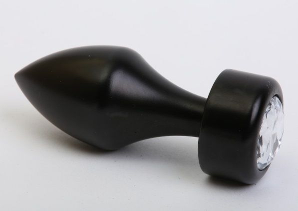 Чёрная анальная пробка с широким основанием и прозрачным кристаллом - 7,8 см. купить в секс шопе