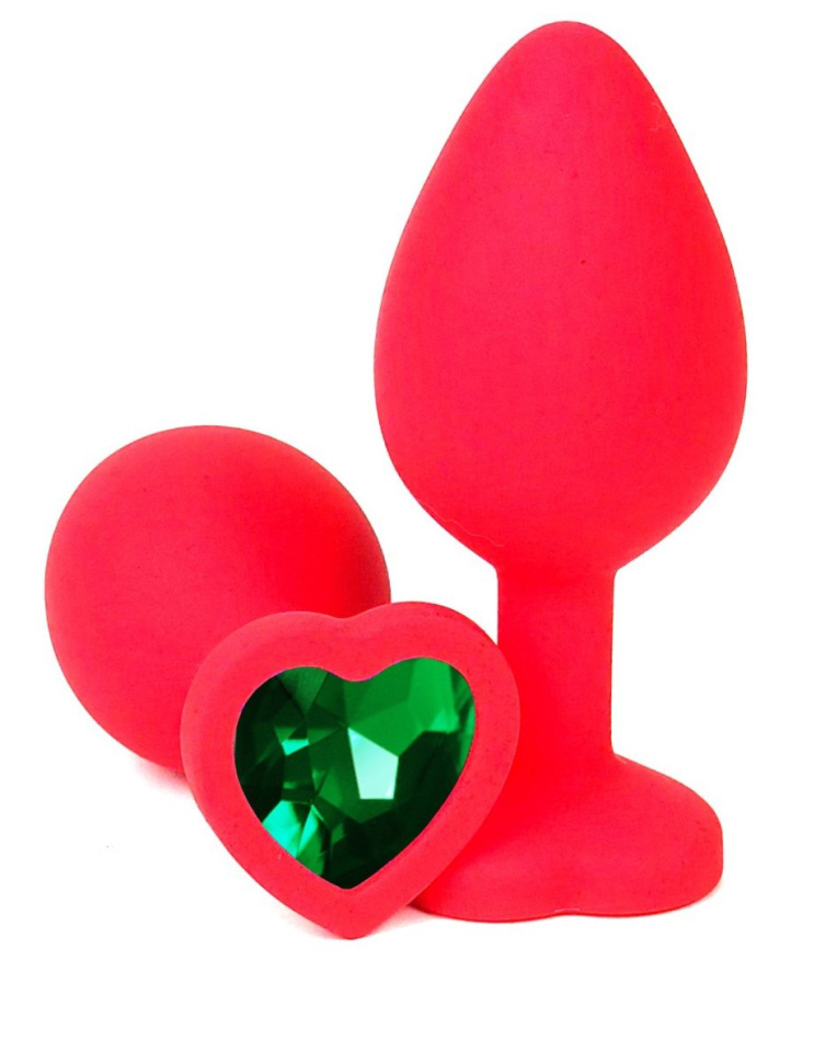 Красная силиконовая анальная пробка с зеленым стразом-сердцем - 10,5 см. купить в секс шопе