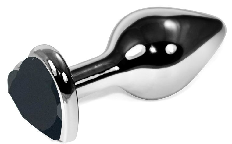 Серебристая анальная пробка с черным кристаллом-сердечком - 9 см. купить в секс шопе