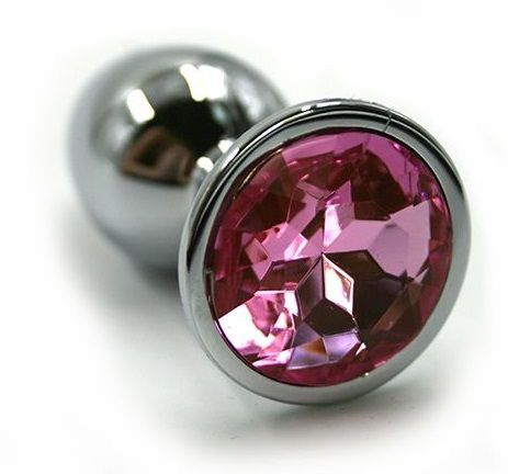 Серебристая алюминиевая анальная пробка с светло-розовым кристаллом - 7 см. купить в секс шопе