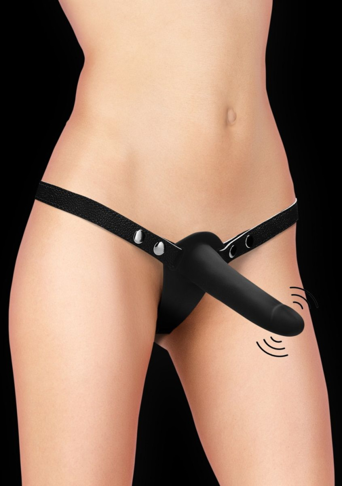 Черный двойной вибрострапон Double Vibrating Silicone Strap-On Adjustable - 15,5 см. купить в секс шопе