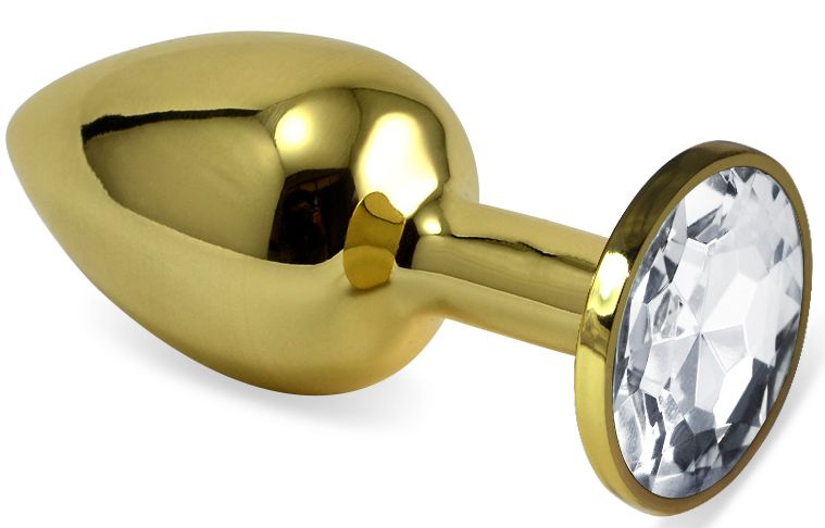 Золотистая анальная пробка с прозрачным кристаллом - 8 см. купить в секс шопе