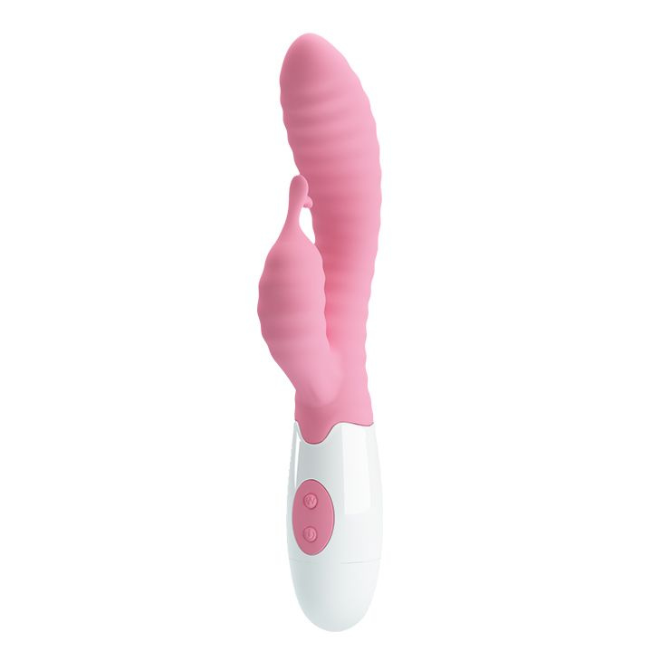 Нежно-розовый вибратор с клиторальным отростком и ребрами Pete - 20 см. купить в секс шопе