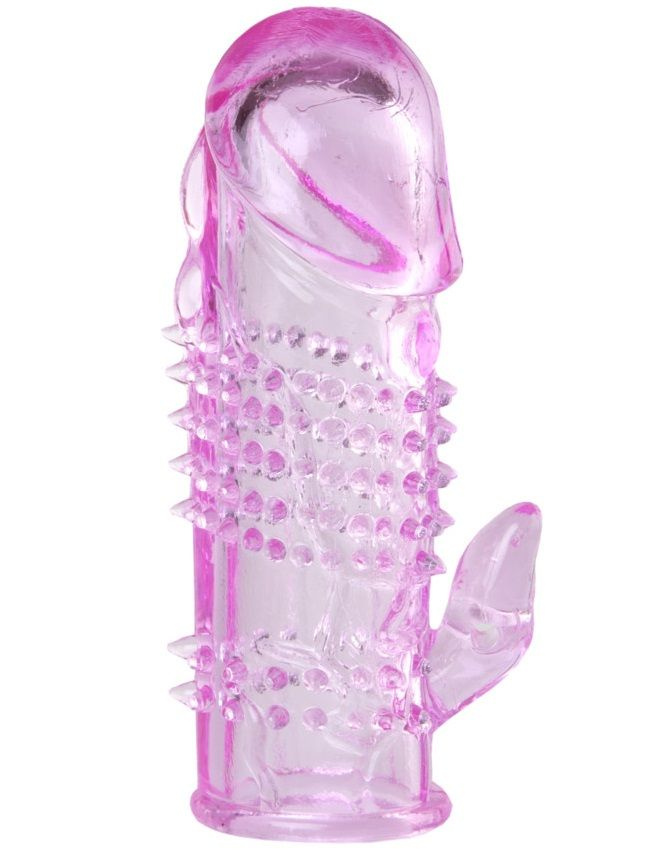 Розовая  гелевая насадка с клиторальным отростком - 13,5 см. купить в секс шопе