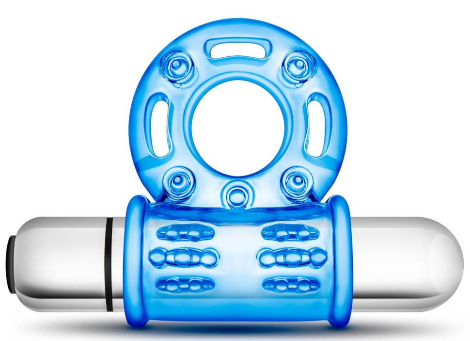 Голубое эрекционное виброкольцо 10 Function Vibrating Mega Bull Ring купить в секс шопе