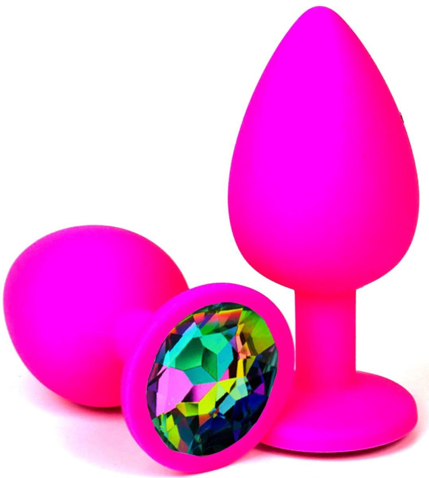 Розовая силиконовая пробка с разноцветным кристаллом - 8 см. купить в секс шопе