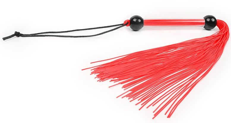 Красная многохвостая плеть с черными шариками на рукояти - 35 см. купить в секс шопе