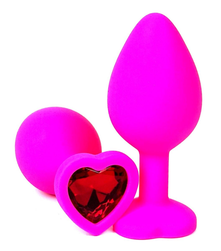 Розовая силиконовая пробка с красным кристаллом-сердцем - 8,5 см. купить в секс шопе