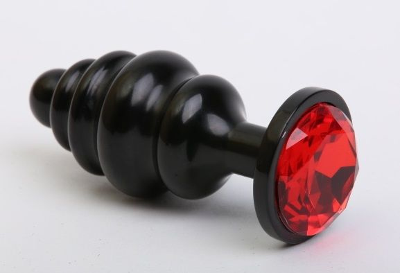 Чёрная ребристая анальная пробка с красным кристаллом - 7,3 см. купить в секс шопе