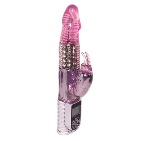 Розовый ротационный вибромассажер со стимуляцией клитора - 22,6 см. купить в секс шопе