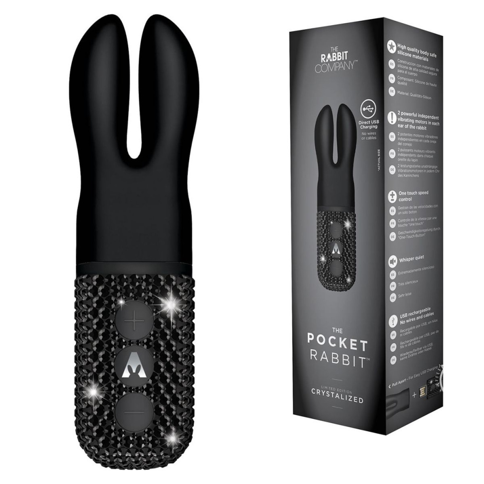 Чёрный вибратор с ушками The Pocket Rabbit, украшенный кристаллами купить в секс шопе