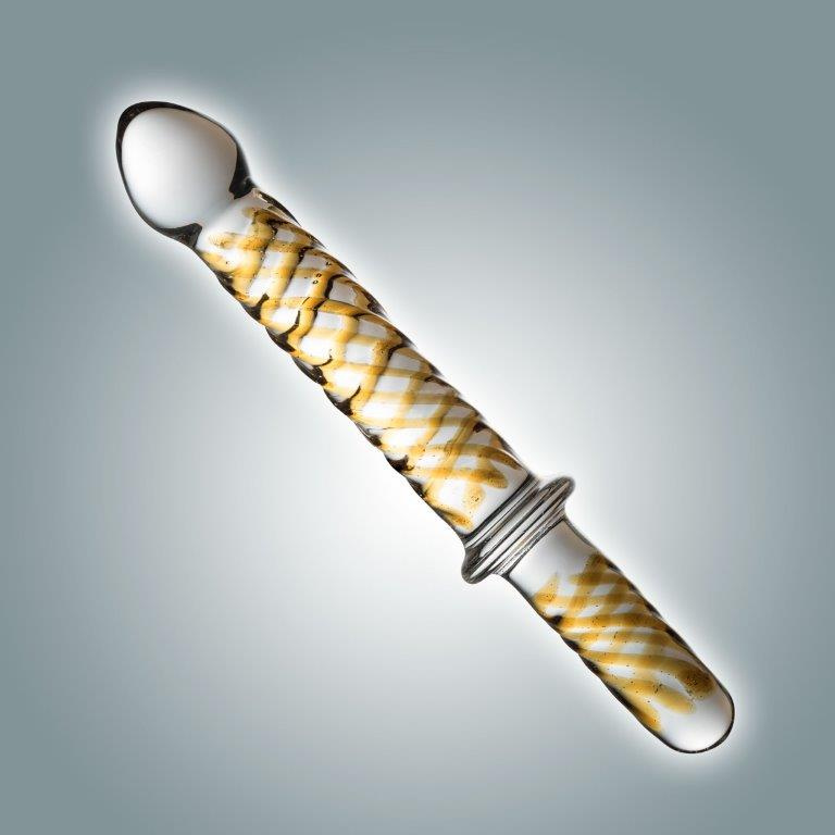 Прозрачный фаллоимитатор с ручкой и золотистым узором - 23 см. купить в секс шопе