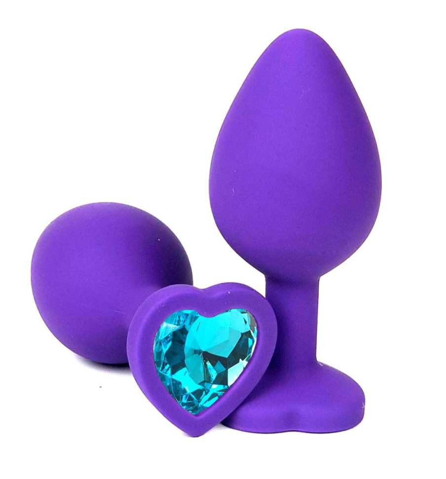 Фиолетовая силиконовая анальная пробка с голубым стразом-сердцем - 8,5 см. купить в секс шопе