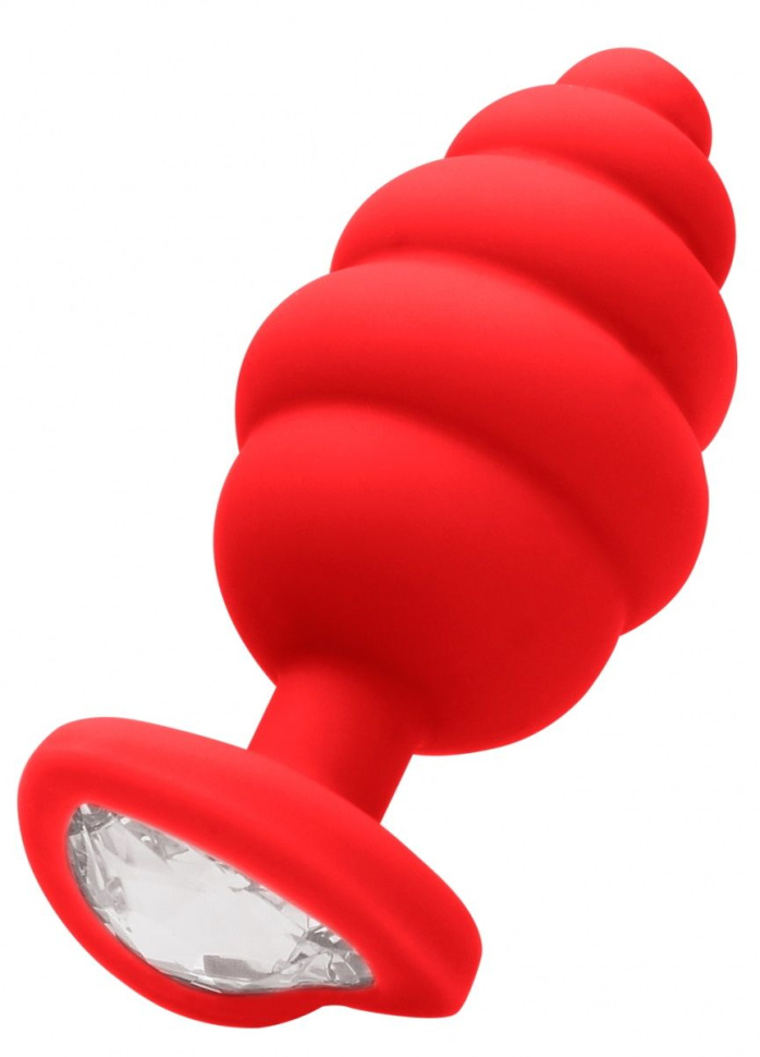 Красная анальная пробка Regular Ribbed Diamond Heart Plug - 7 см. купить в секс шопе