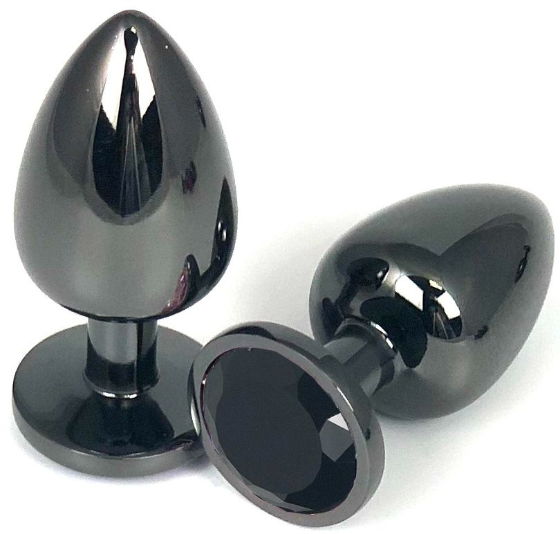 Черная металлическая анальная пробка с черным стразом - 6,5 см. купить в секс шопе