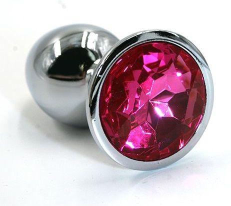 Серебристая алюминиевая анальная пробка с ярко-розовым кристаллом - 6 см. купить в секс шопе