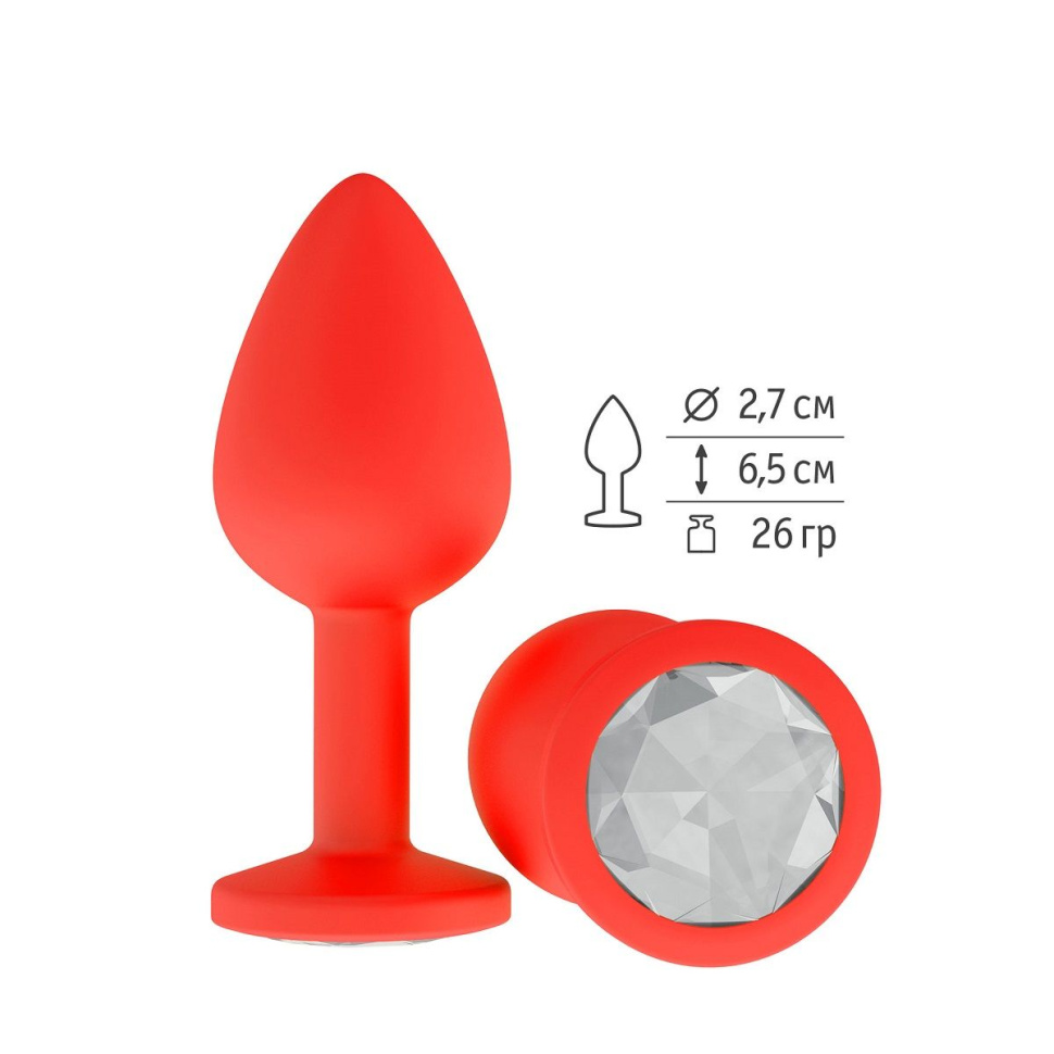 Красная анальная втулка с прозрачным кристаллом - 7,3 см. купить в секс шопе