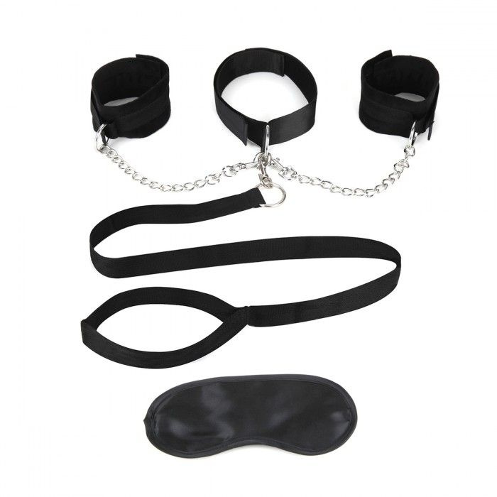 Чёрный ошейник с наручниками и поводком Collar Cuffs   Leash Set купить в секс шопе