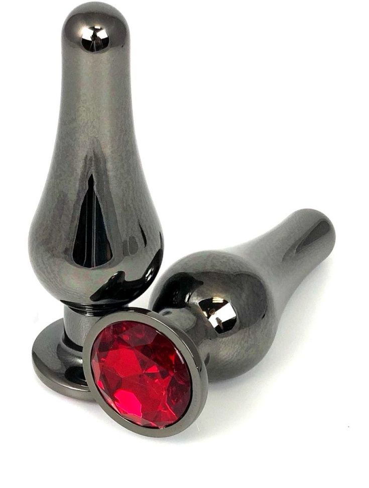 Черная удлиненная анальная пробка с красным кристаллом - 10 см. купить в секс шопе