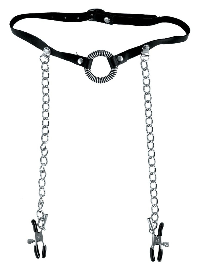 Кольцо-расширитель для рта с цепочками, соединяющими его с клипсами для сосков O-Ring Gag   Nipple Clamps купить в секс шопе