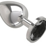 Серебристая большая анальная пробка с чёрным кристаллом - 9,5 см. купить в секс шопе