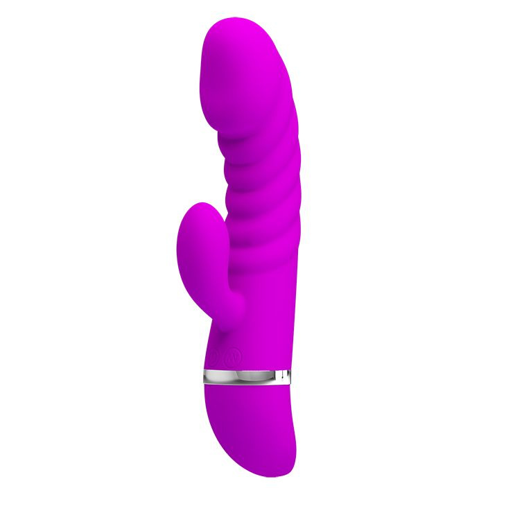 Лиловый вибратор с рёбрами и клиторальным отростком Tracy - 18,8 см. купить в секс шопе