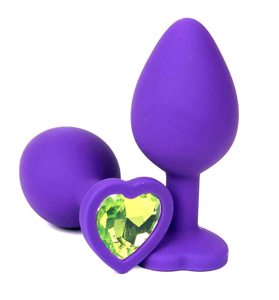 Фиолетовая силиконовая анальная пробка с лаймовым стразом-сердцем - 8,5 см. купить в секс шопе