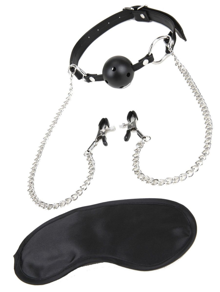 Чёрный кляп-шар с зажимами для сосков купить в секс шопе